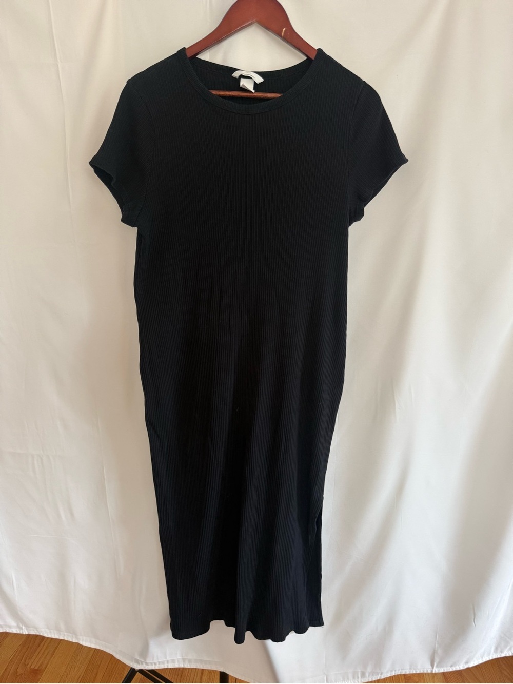 Maternity Black Ribbed Short-Sleeve Midi Dress